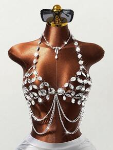 Mistrie 女士水钻音乐节背心，女士吊带音乐节背心，女士镂空性感背心 - 銀色 - 查看 5