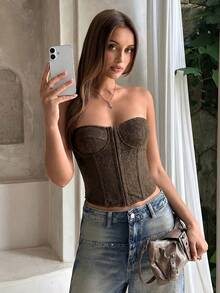 Aloruh Women's Summer New Coffee Color Elegant Sexy Fashionable Romantic Minimalist Wedding Guest Floral Patchwork Strapless Bustier,Summer Top - Coffee Brown - View 7