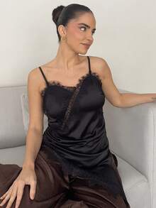 Marta Soriano 女士性感蕾丝吊带背心，缎面扭结不对称下摆露脐上衣，百搭叠穿单品 - 黑色 - 查看 6