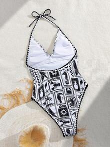 Bonvoyette Traje de baño de una pieza con escote en V profundo, decoración floral y diseño de vacaciones oceánicas, con estampado completo y estilo sexy para el verano - Blanco y Negro - Ver 2