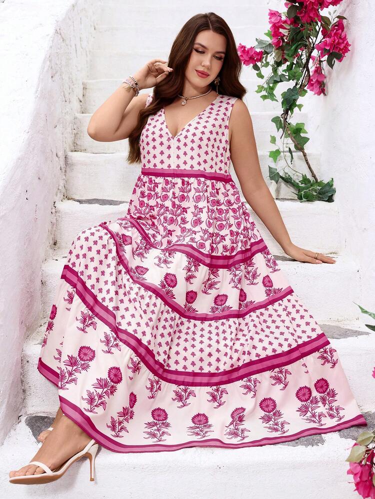 Plus Size Women's Summer Casual Vacation Country  Elegant Pink Floral Print V-Neck Sleeveless Dress,Summer Vacation,Casual Holiday Style,Summer Outfits For Women ,Vacation Outfits Women ,Holiday Outfits For Women,Going Out Outfits,New Clothes,Simple And Fashionable For Everyday Wear,Suitable For Summer, Vacation, Daily Wear, Festival Outfits For Women,Country Concert Outfit,Beach Outfits For Women,Western Style,Flowy Dress,Gifts For Mother,Boho Dress