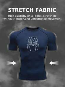 Manfinity EMRG Men's Spider Print Slim Fit Short Sleeve Athletic T-Shirt Spandex Shirts Rash Guard Men Men's Compression Tops Men's Compression Shirts Shirts For Gym - Black - View 3