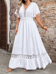 Breezaya Vestido casual romántico de encaje jacquard para mujer de talla grande, adecuado para uso diario, ir al trabajo, vacaciones, primavera/verano - Blanco - Ver 3