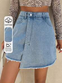 Livesso 女士休闲纯色水洗牛仔迷你裙 Y2K 夏季款 - 藍色 - 查看 1