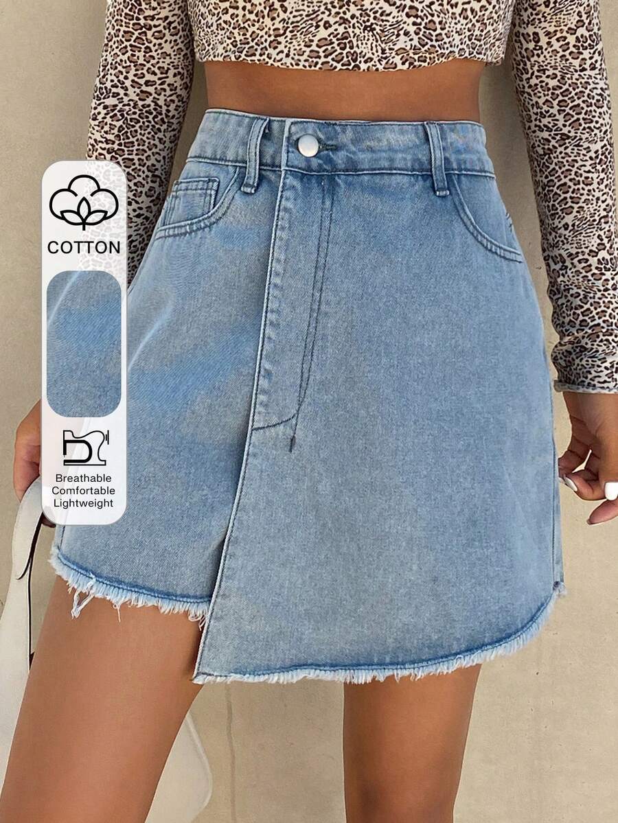 Livesso 女士休闲纯色水洗牛仔迷你裙 Y2K 夏季款 - 藍色 - 查看 1