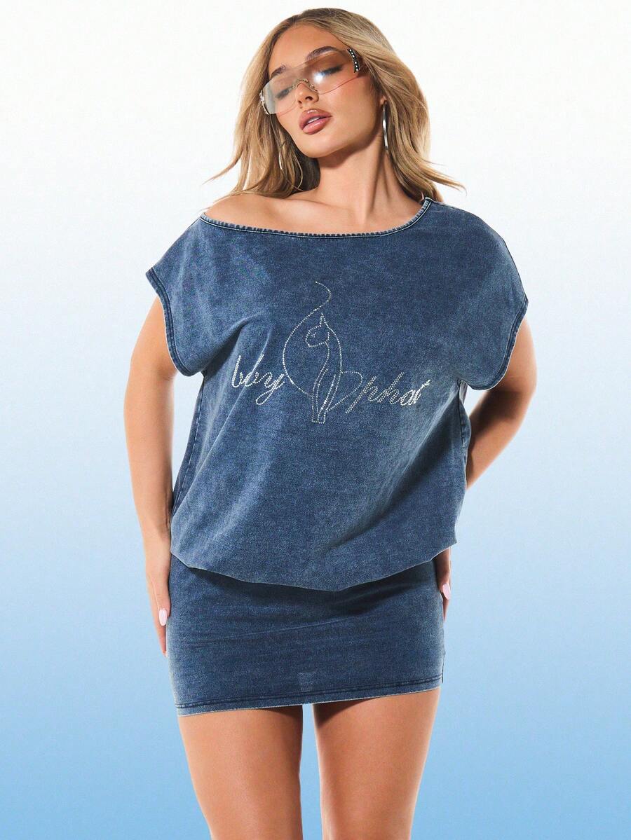 Đầm mini nữ chất liệu jersey bất đối xứng, trễ vai, in hình chim, dáng rộng thoải mái, phong cách denim mùa xuân hè. - Màu xanh lam - Xem 1