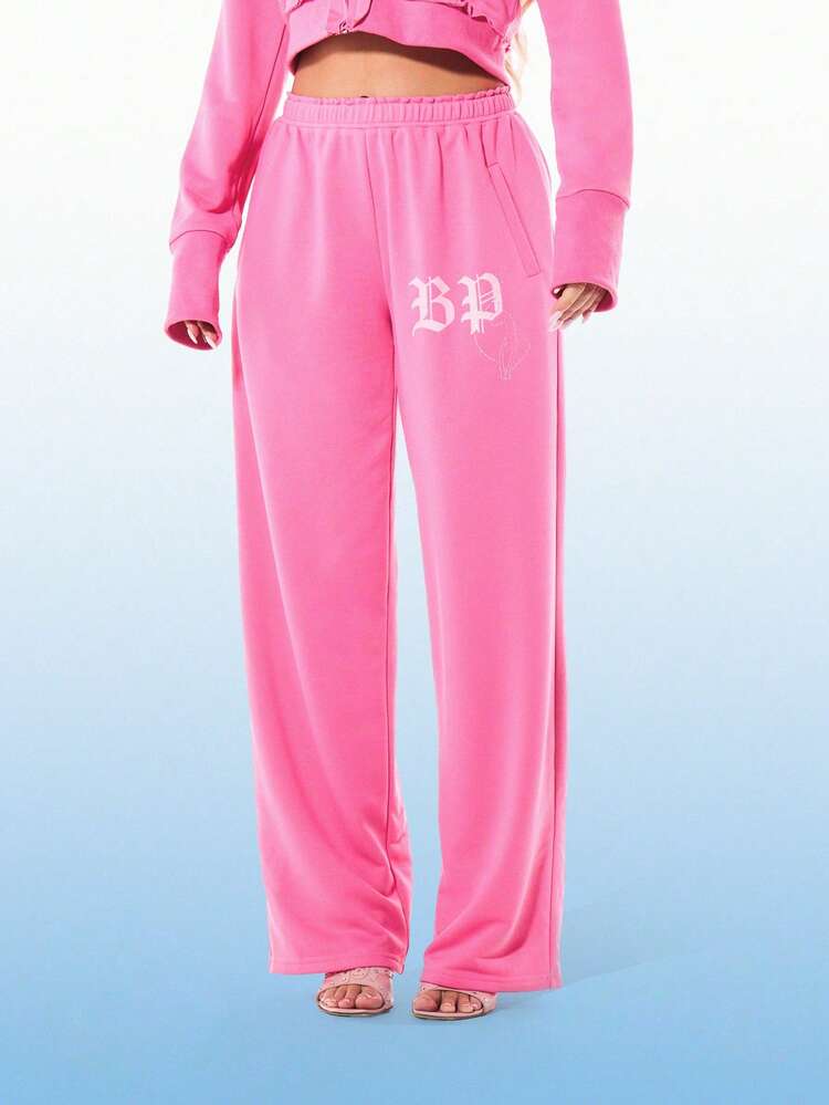 BABYPHAT Women's Pink Straight Leg Joggers With Angel Wing Graphics And Text Print Casual Sweatpants For Loungewear And Streetwear