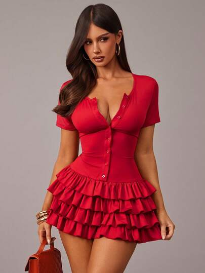 Radiana Women's Sexy Cute Distinctive Red Short Sleeve Ruffle Jumpsuit, Fitted Jumpsuit, Ruffle Hem Shorts, High Stretch Knit Jumpsuit, Hugging Silhouette, Suitable For Casual Outings, Shopping, Afternoon Tea, Picnic, Night, Gathering, Date, Party, Carnival, Cocktail, Nightclub, Music Festival, Vacation, Beach, Holiday