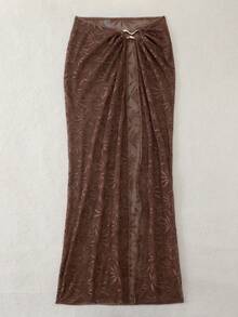 Bonvoyette Váy dài phối lưới jacquard khoét rỗng, phụ kiện kim loại, kiểu dáng mới mùa xuân/hè, thích hợp mặc ngoài đồ bơi. - Cà phê nâu - Xem 5