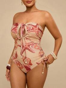 Travachic Áo tắm liền thân hở lưng, cổ yếm, họa tiết vỏ sò màu cam hồng, kiểu dáng gợi cảm, thích hợp cho kỳ nghỉ nhiệt đới, cổ chữ V sâu và có dây rút ở eo, giúp thon gọn vóc dáng, phong cách quyến rũ bãi biển, mùa hè. - Hồng - Xem 5