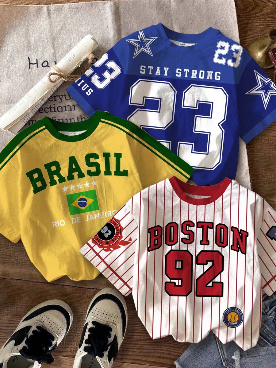 SHEIN EZwear 3件組 Y2K 英文字母與數字 23 運動復古配色拼接短袖T恤，藍黃條紋，夏季街頭風城市度假寬鬆上衣 - 彩色 - 查看 1