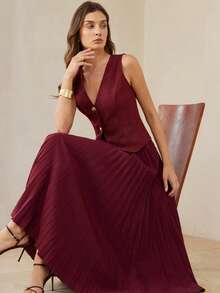 BELROSIE New Arrival Intellectual Elegant Commuter Style Thin Tweed Vest Top & Pleated Skirt 2-Piece Set For Women - Burgundy - View 1