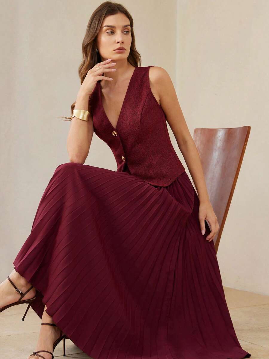 BELROSIE New Arrival Intellectual Elegant Commuter Style Thin Tweed Vest Top & Pleated Skirt 2-Piece Set For Women - Burgundy - View 1