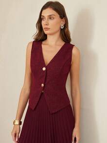 BELROSIE New Arrival Intellectual Elegant Commuter Style Thin Tweed Vest Top & Pleated Skirt 2-Piece Set For Women - Burgundy - View 6