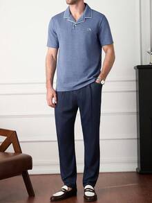 Manfinity Homme Men's Blue Textured Waffle Knit Polo Shirt, Breathable Waffle Fabric/Men's Letter Embroidered Short Sleeve Casual Commuter Polo Shirt Blue Polo Shirt Men Mens Golf Shirt Carolina Blue Shirt Men - Dusty Blue - View 5