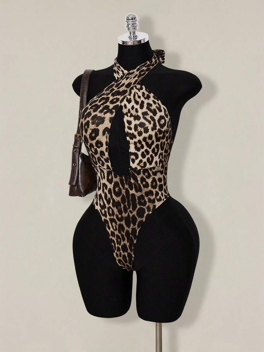 SHEIN ICON Áo liền thân hở lưng cổ yếm họa tiết da báo gợi cảm, thời trang dành cho nữ - Nhiều màu - Xem 1