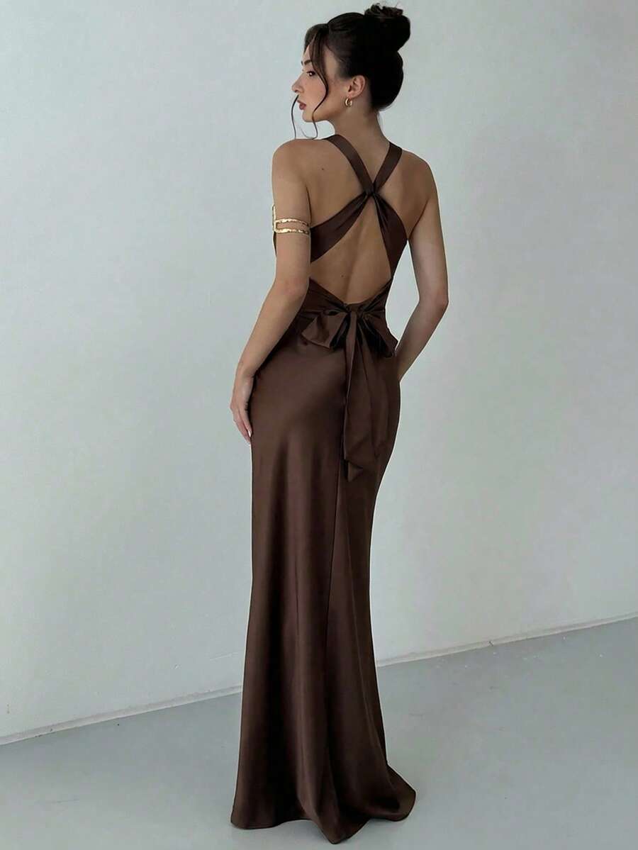 Aloruh Đầm ôm sát màu nâu hở lưng, buộc dây, gợi cảm và thanh lịch kiểu đuôi cá dành cho nữ, thích hợp cho ngày Valentine. - màu nâu - Xem 1