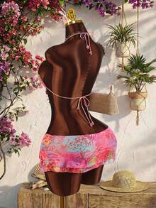 Amplova 女士两件套，带胸罩罩杯细节，新款豹纹和花卉印花，粉色花卉图案，性感前卫，适合度假穿着，饰有串珠配饰，抽绳下摆迷你裙，性感套装 - 粉色 - 查看 8