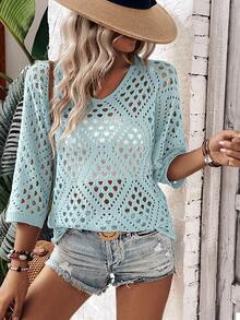 Breezaya Blusa holgada de mujer de manga 3/4 con diseño calado de punto - Azul - Ver 4