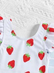 SHEIN 女婴草莓印花露背系带荷叶袖连体泳衣，适合海滩度假、泳池派对、沙滩派对 - 彩色 - 查看 5