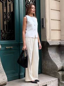 SHEIN PariChic Women's Floral Trim Single-Breasted Sleeveless Casual Cardigan - White - View 6