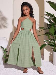 Tween Girls' Casual Vacation Halter Waist Hollow Out Dress - Green - View 1