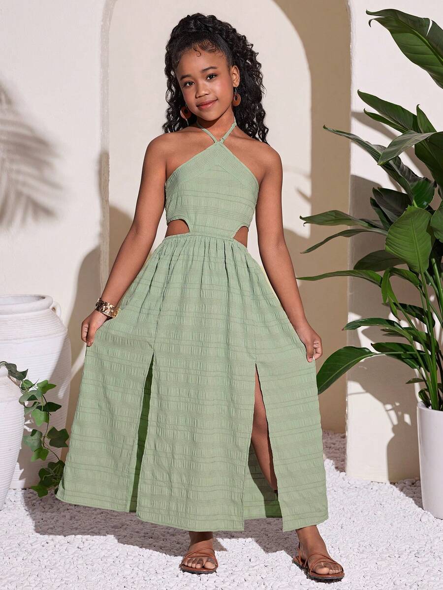 Tween Girls' Casual Vacation Halter Waist Hollow Out Dress - Green - View 1
