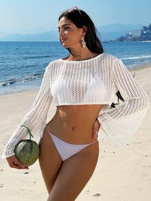 Swim Mod 性感镂空针织披肩，露肩短款比基尼罩衫，适合海滩度假和春夏穿着 - 白色 - 查看 7