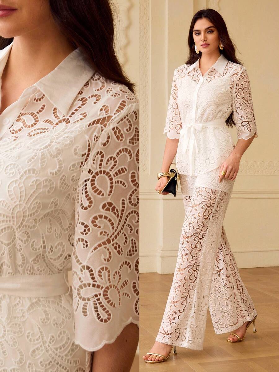 ZEYLAH Women's Elegant Sheer Front Button Shirt And Pants Set, Summer - White - View 1