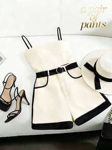 GlowEve Quần short nữ thanh lịch, thoải mái, phối màu tương phản, có túi, thích hợp cho việc đi làm. - Đen và trắng - Xem 1