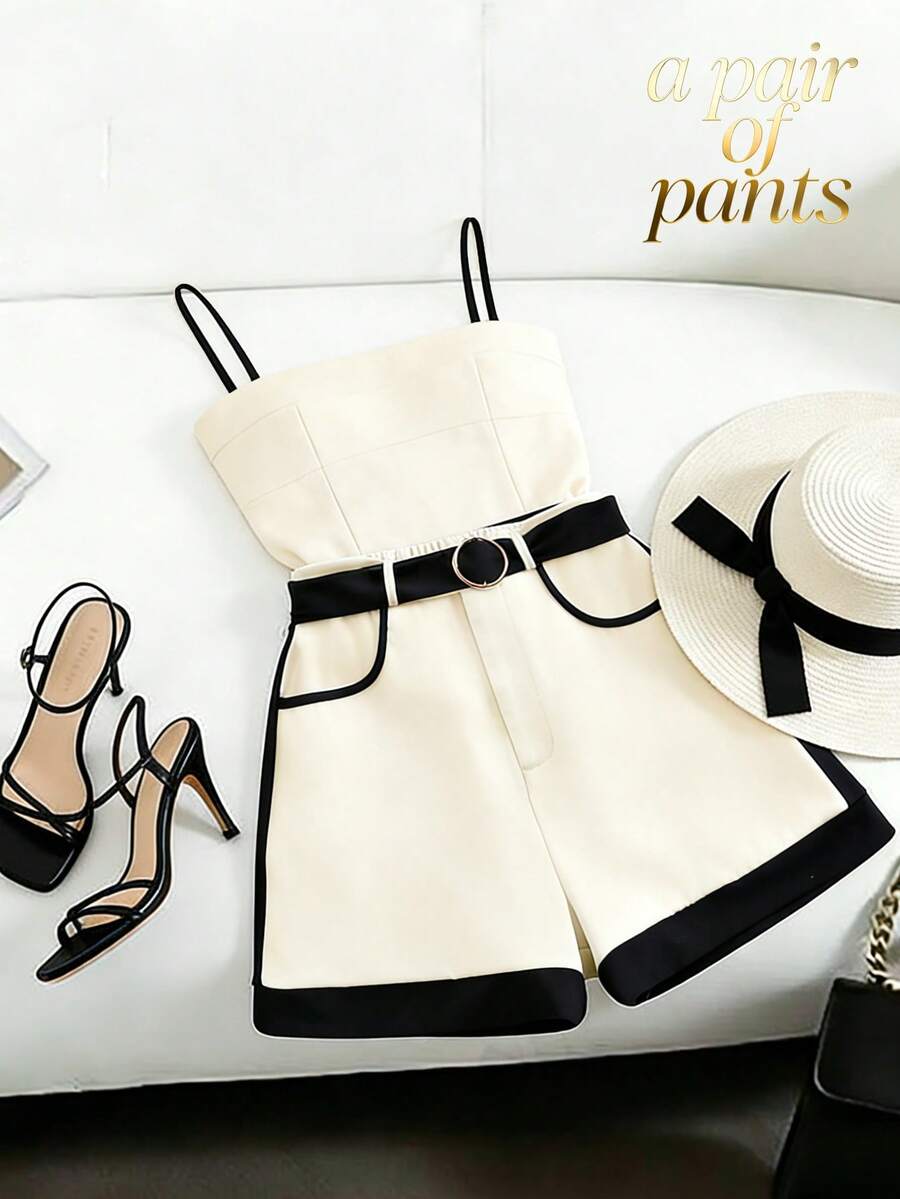 GlowEve Quần short nữ thanh lịch, thoải mái, phối màu tương phản, có túi, thích hợp cho việc đi làm. - Đen và trắng - Xem 1