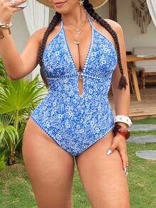 Swim Mod 2026 New Women's Summer Fashion One-Piece Swimsuit, Halter Neck Tie, Deep V-Neck, Fitted, High-Cut Leg, Ditsy Floral, Casual Vacation Swimwear - Blue - View 4