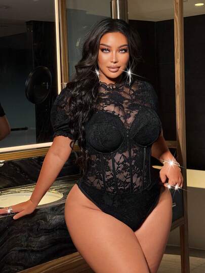 NU&NOW Vestido de punto de estilo francés negro con encaje sexy y calado elástico para mujer de talla grande, primavera/verano, versátil y cómodo como camiseta interior, vestido formal, elegante y sexy para fiesta, body negro, top de manga corta ajustado