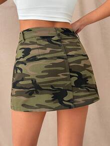 SHEIN Cottnline Low Rise, Comfort, Dark Green, Cotton Denim Shorts Music Autumn Casual - Multicolor - View 2