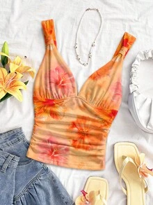 Soleia 女士优雅度假系带褶皱修身吊带背心，橙色扎染水彩花卉印花图案，适合度假、约会、下午茶、海滩、邮轮、城市旅行、海岛度假、音乐节、波西米亚风度假等场合，可内穿或外穿 - 彩色 - 查看 4