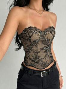 Aloruh Women's Lace Bralette Sexy Fitted Bandeau Top - Black - View 10