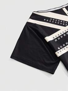 ROMWE Y2K 女士休闲斜肩交叉印花水钻装饰露脐上衣 - 黑色 - 查看 4