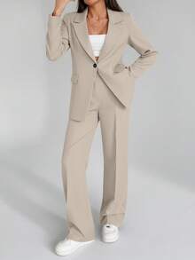 EURMUSE Bộ quần áo hai mảnh màu trơn dành cho nữ, gồm áo blazer và quần dài. - Màu be - Xem 6