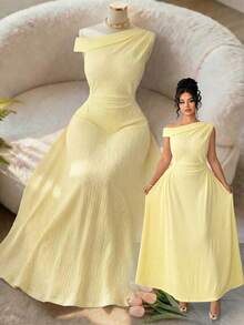 Elenzga Plus Size Women's Elegant Fashion Sleeveless Ruched Waist A-Line Dress, Spring/Summer - Yellow - View 6