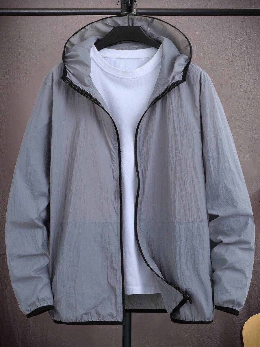 Manfinity Homme 男士休闲拉链连帽夹克 - 灰色 - 查看 1