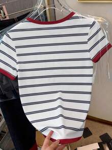 Resyla Women's Striped Lobster Print Round Neck Short Sleeve T-Shirt - Multicolor - View 2