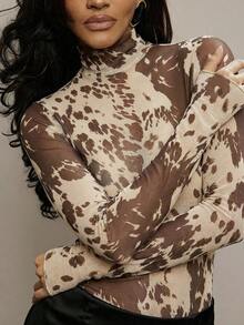 Hauture 女士性感优雅豹纹高领长袖连体衣 - 彩色 - 查看 6