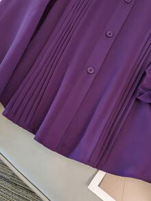 GlowEve CURVE Plus Size Women Long Sleeve Small Stand Collar Striped Casual Solid Color Ruffle Cuff Fashion Shirt, Suitable For Daily Commute - Purple - View 6