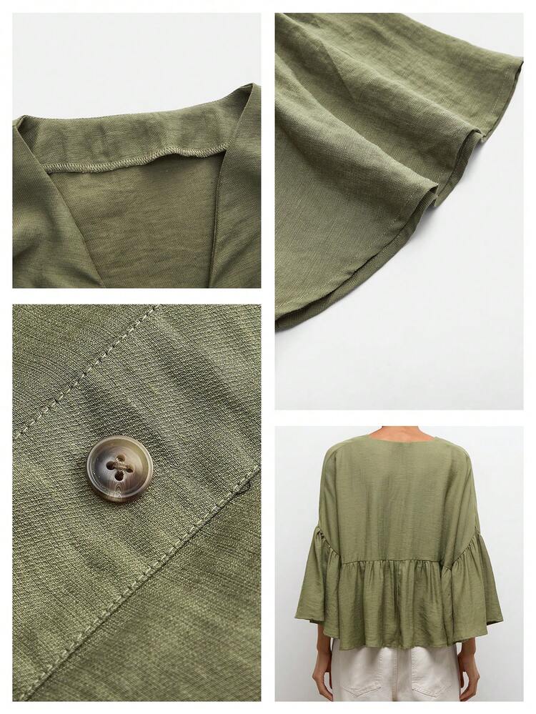 SHEIN Maija Women's Solid Color Drop Shoulder Front Button V-Neck Pleated Loose Blouse,Summer Clothes,Green Tops ,Summer Holiday Outfits,Vacation Outfits For Women Women's Linen Tops Women's Summer Outfits Women's Tops And Blouses Women Spring Outfit Blouse For Women Casual Modern