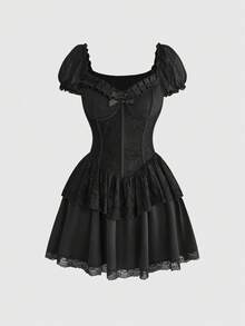 ROMWE Goth 女士暗黑哥特宫廷花瓣袖蕾丝双层荷叶边迷你连衣裙 - 黑色 - 查看 1