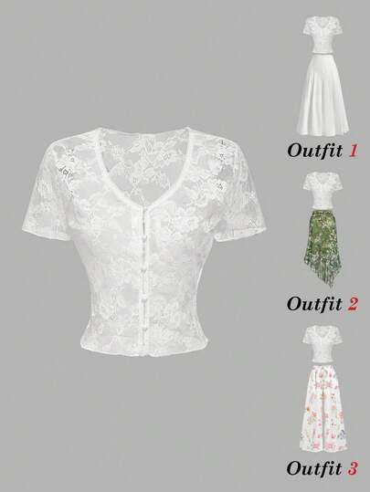 SHEIN MOD 女士蕾丝单排扣休闲百搭日常短袖T恤