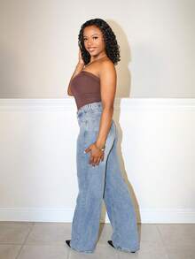 Steph T Pantalones vaqueros para mujer de pierna ancha y ajuste holgado con bolsillos para uso diario - Azul lavado oscuro - Ver 5