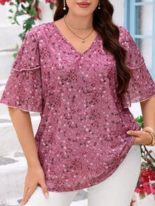 Miaspire 大码女式V领短袖印花荷叶边袖束腰上衣，夏季女装，夏季度假，女士度假装，简约时尚，日常穿着 - 彩色 - 查看 3