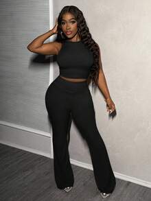 Slaydiva 2pcs/Set Summer Casual All-Match Ribbed Sleeveless Tank Top And Flare Pants Set Work From Home Outfits Women S Tracksuit Wool Two Piece - Black - View 2