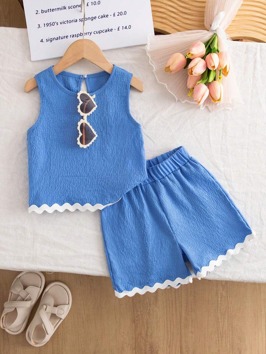 Elladie kids Bộ áo thun không tay và quần short kiểu dáng thường ngày dành cho bé gái (cỡ nhỏ), chất liệu vải có họa tiết, phối màu tương phản, gồm áo và quần short. - Màu xanh lam - Xem 1